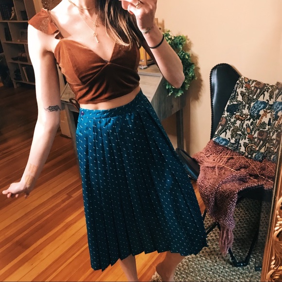 Vintage 100% silk pleated rich teal midi skirt - Picture 3 of 8